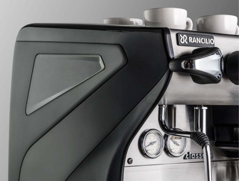 Rancilio Classe 5 Side Panel in Anthracite Black and Steam C-Lever Closeup